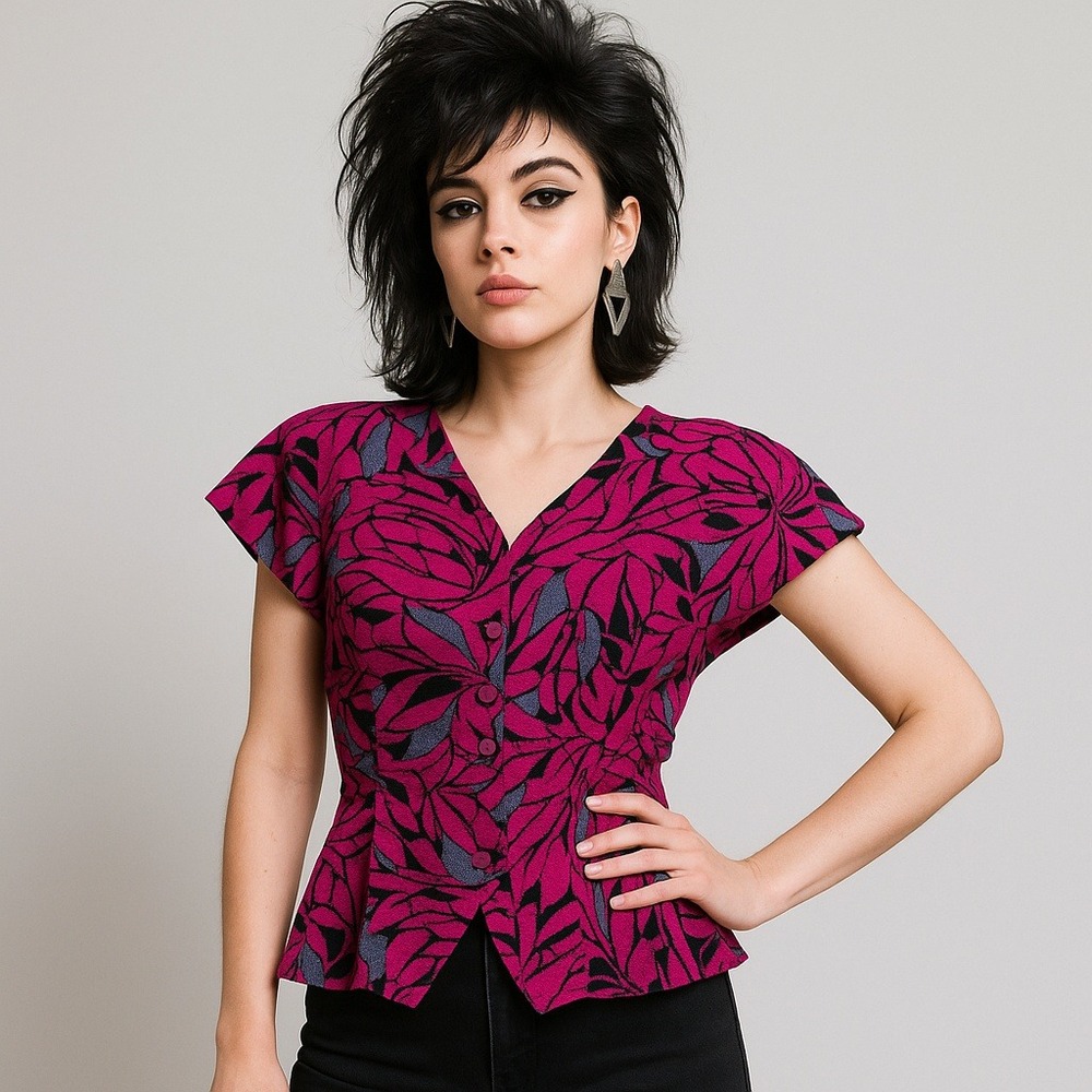 Vintage 80s Abstract Floral Button Front Peplum Blouse Pink Black Purple M